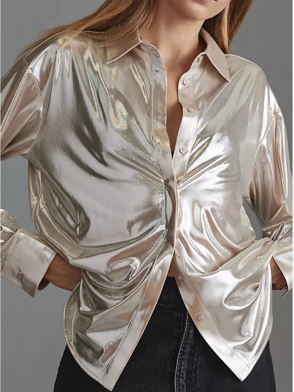 Anthropologie Gillian Liquid Shine Buttondown Shirt Champagne S